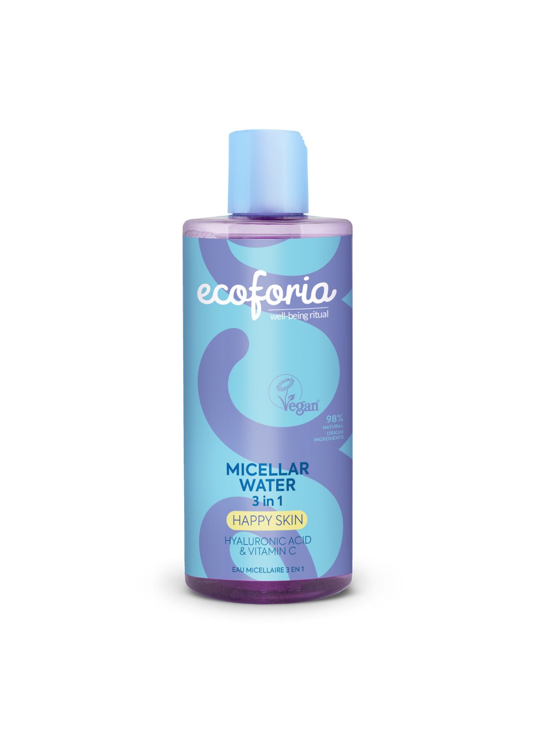 Bottle of ecoforia micellar water on a white background