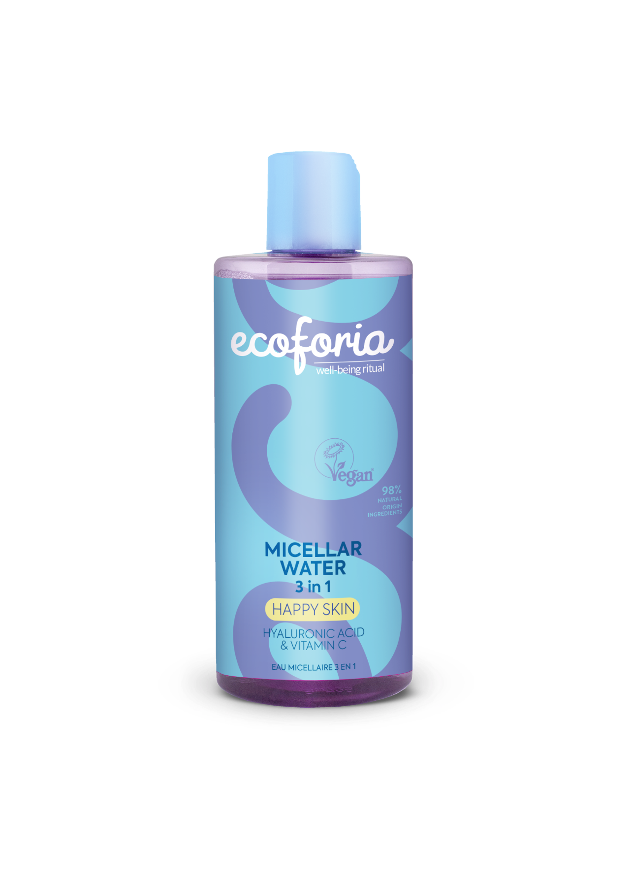 Bottle of ecoforia micellar water on a white background