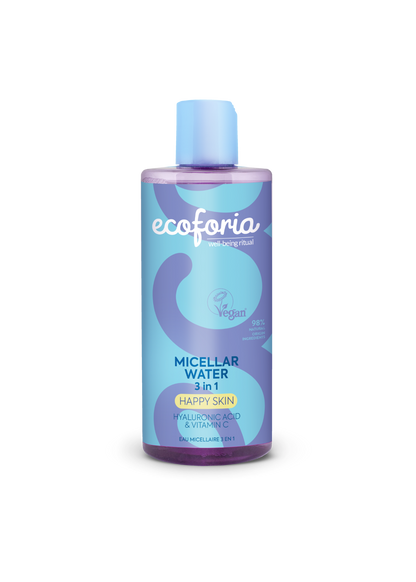 Bottle of ecoforia micellar water on a white background