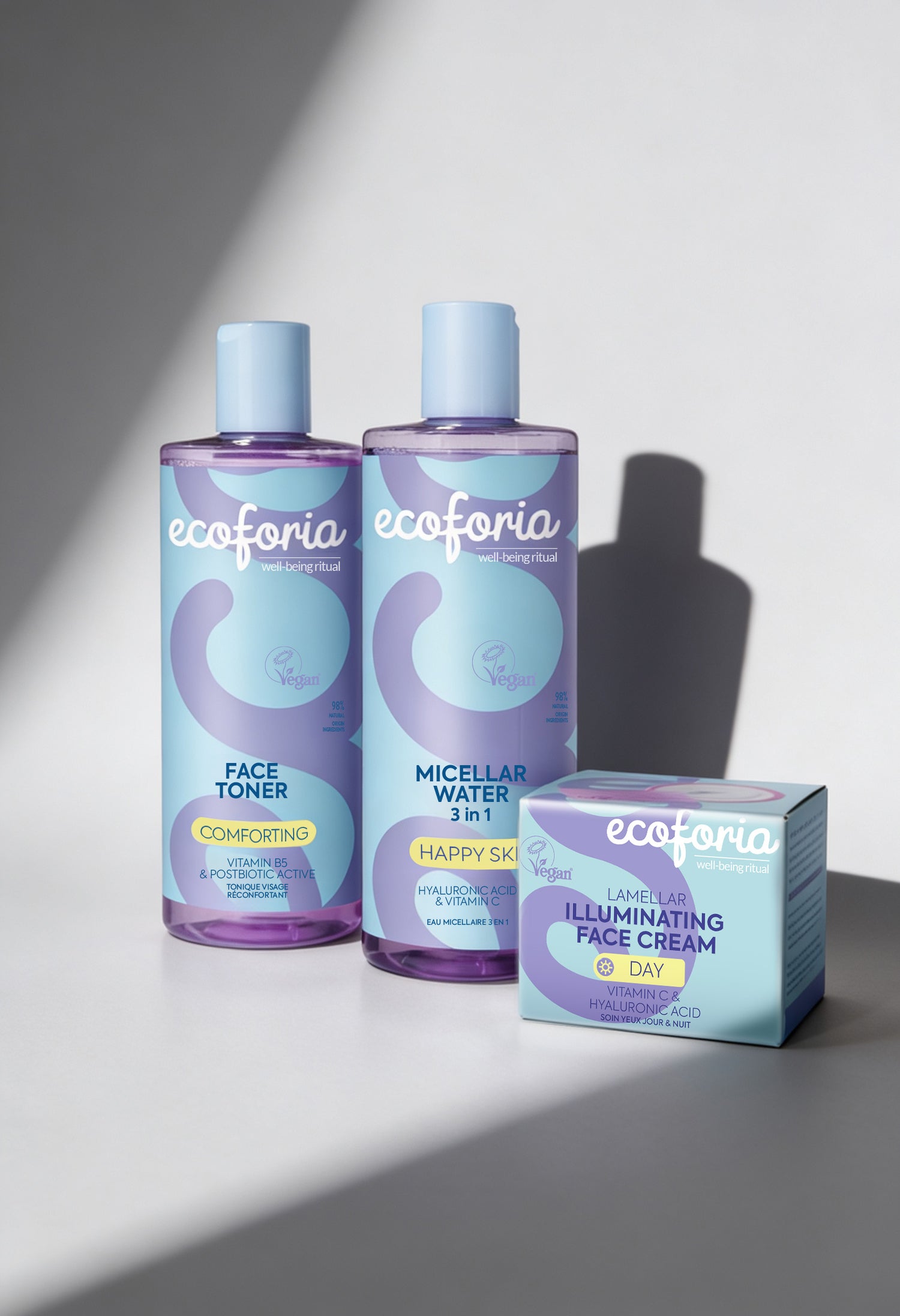 Three ecoforia skincare products on a neutral background