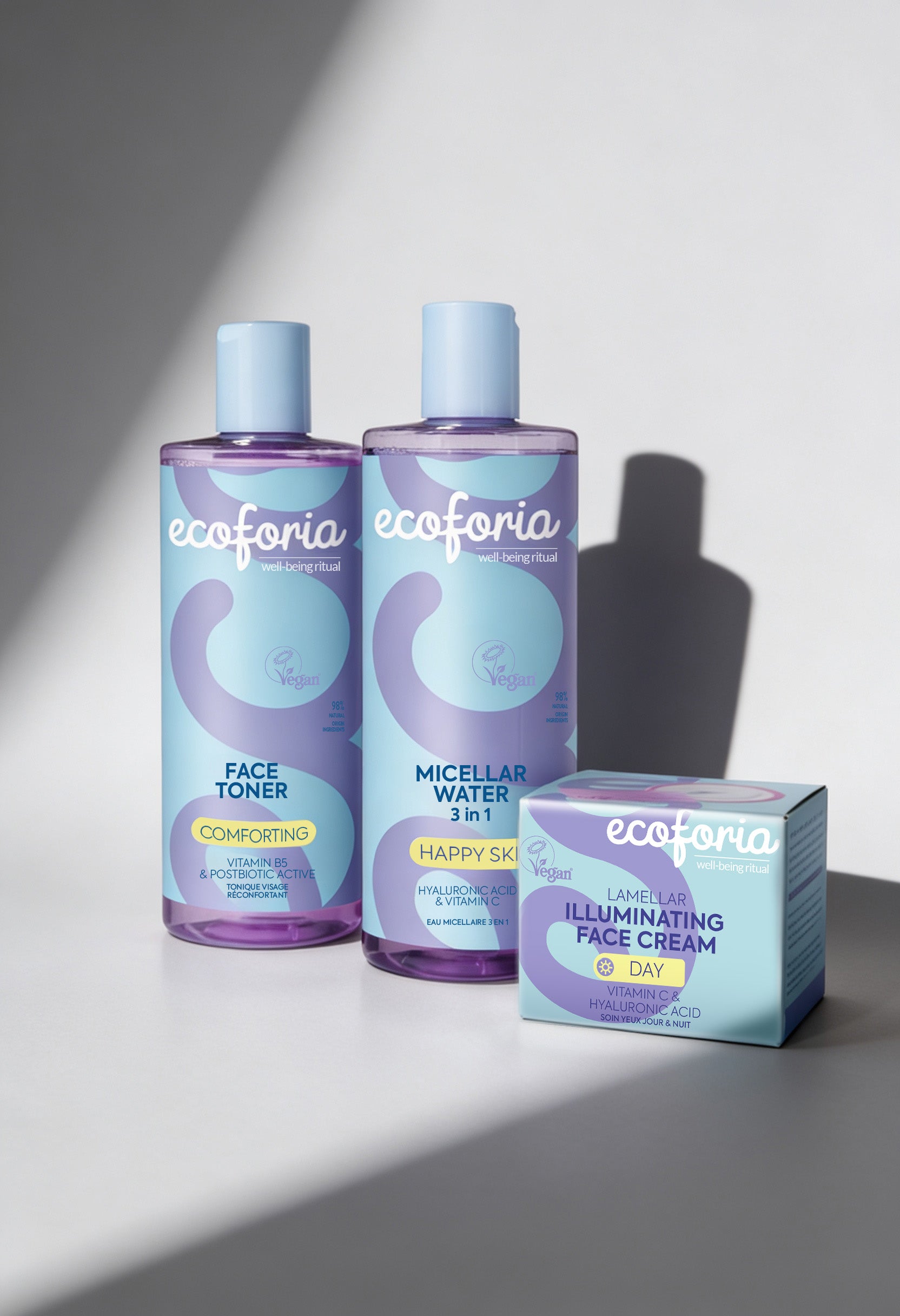 Three ecoforia skincare products on a neutral background