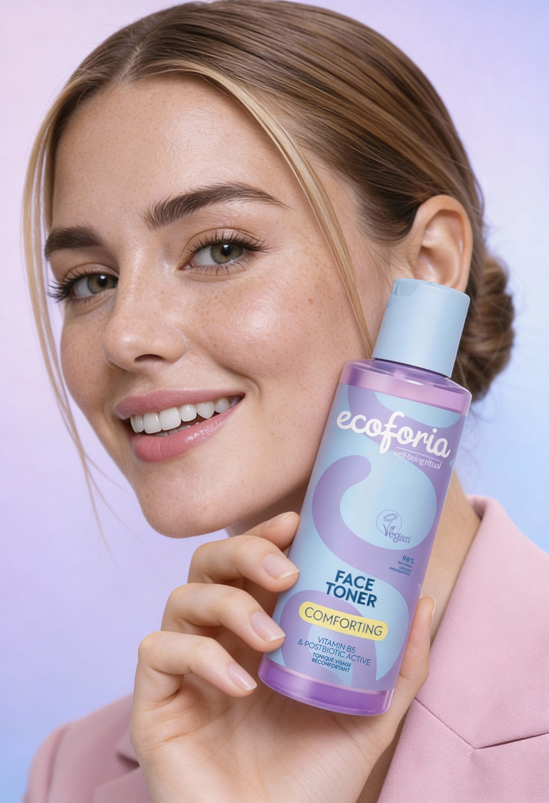 Woman holding ecoforia face toner with a light purple background