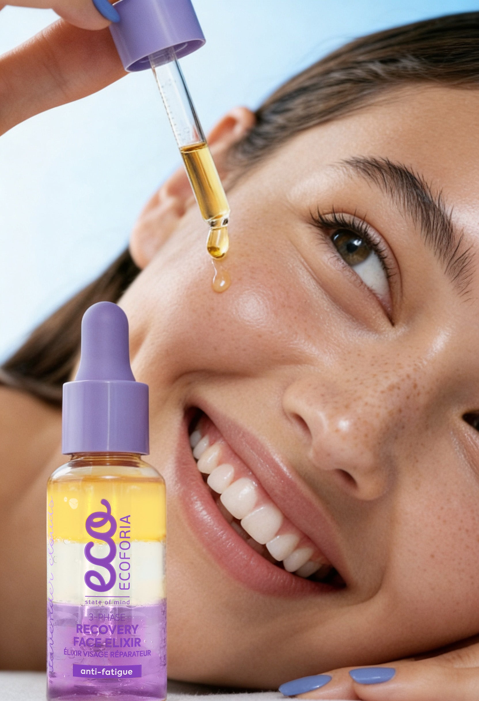 Woman applying Ecoforia skincare serum to her face with a dropper.