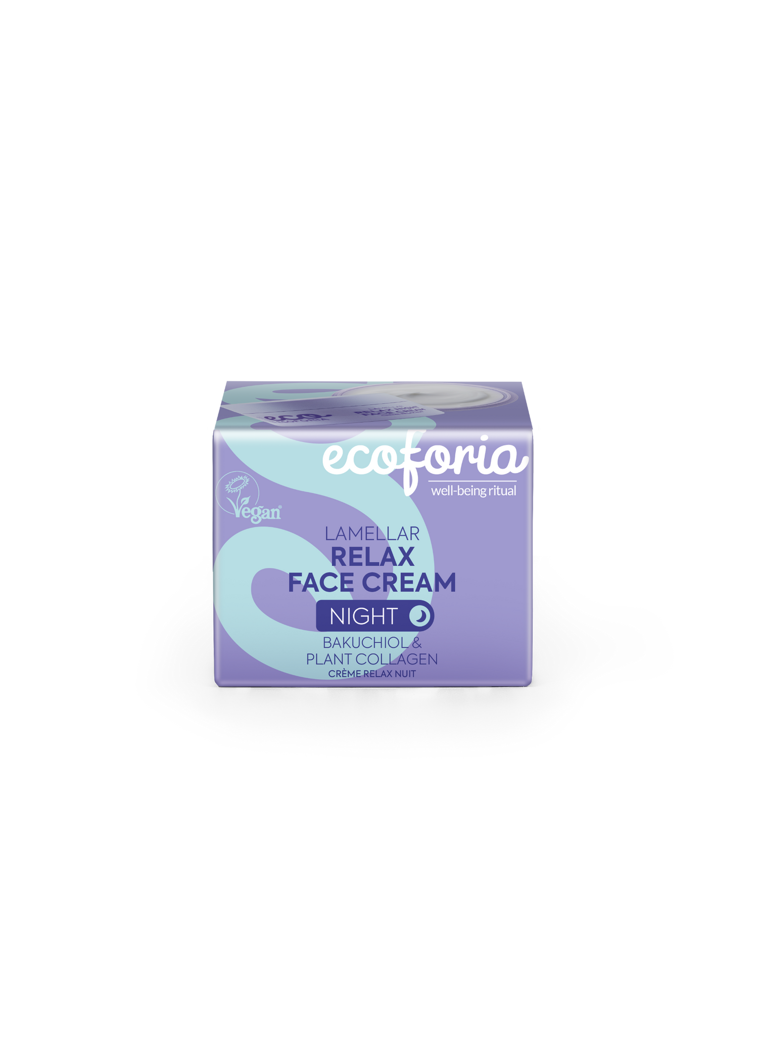 Box of ecoforia relax face cream on a white background