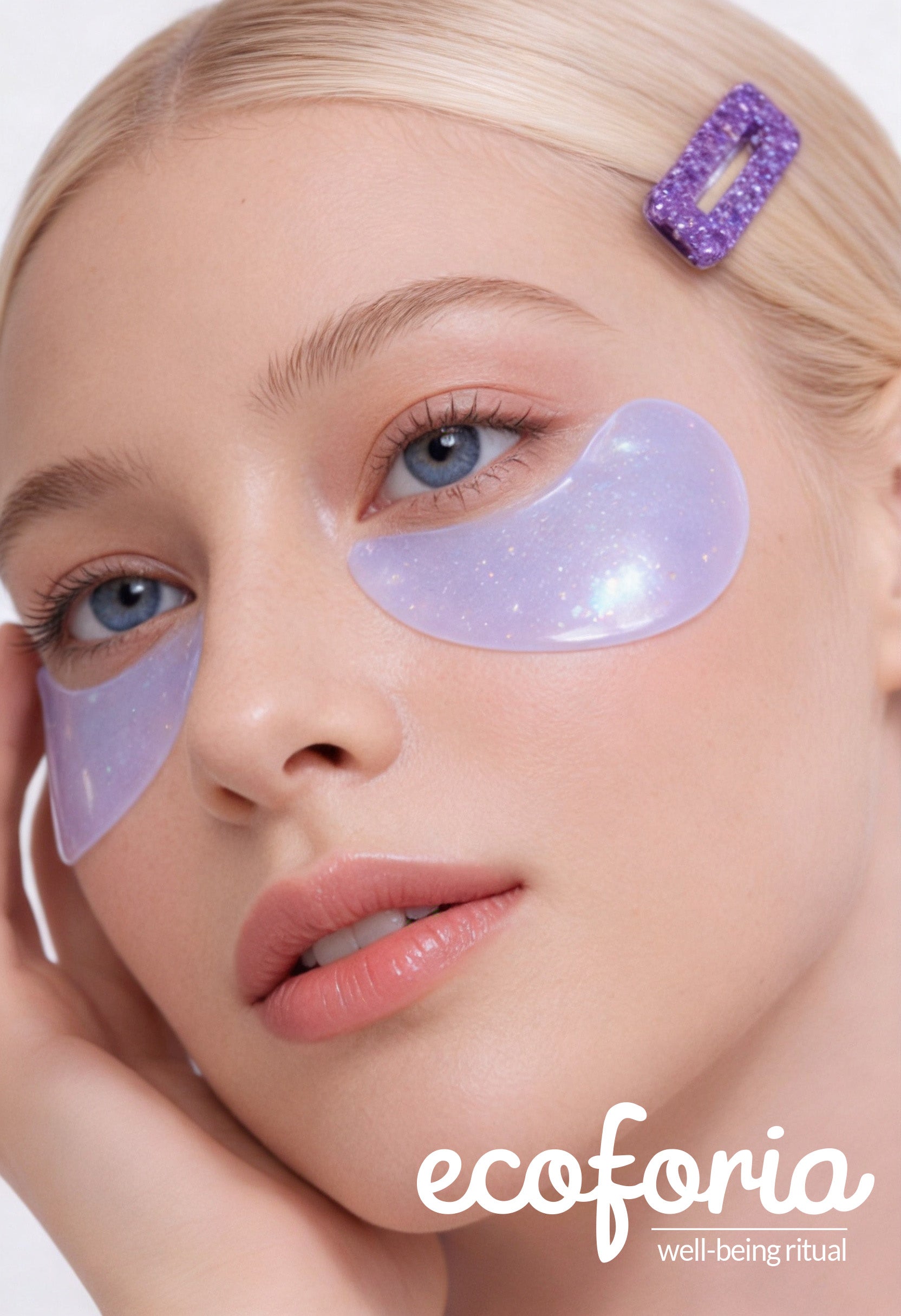 Woman wearing purple eye patches from ecoforia brand